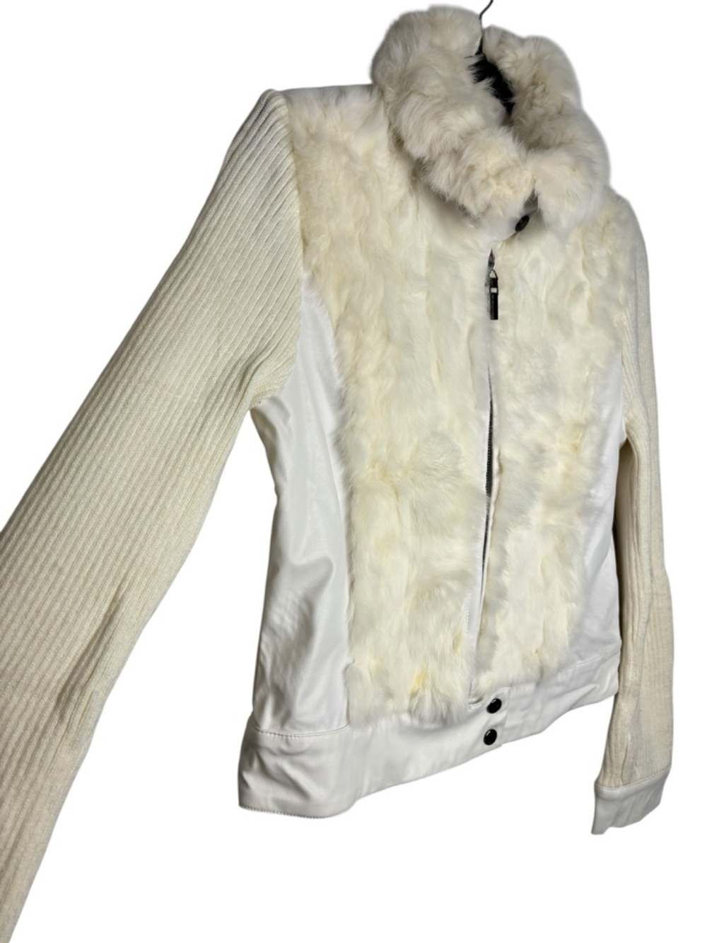 Y2K Jennyfer J Women's Moto Jacket Cream/White Rabbit Fur Leather Knit Jacket M - Picture 7 of 14